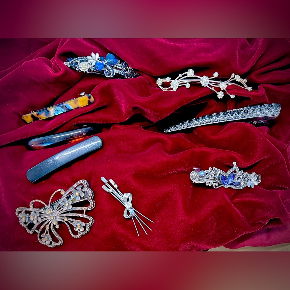 Nine Elegant Blue and black rhinestones, diamond and pearls Hair Accessories